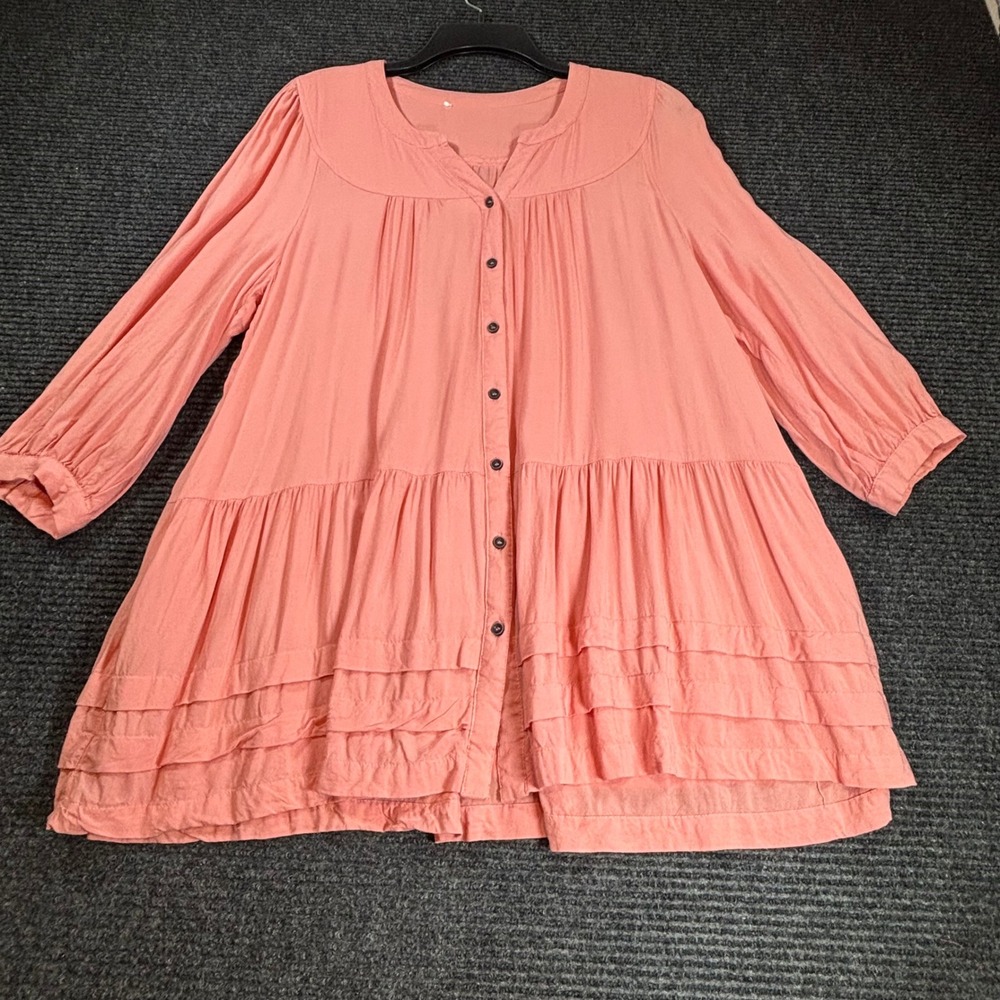 Coral Pink Button Front Tiered Babydoll Tunic Top Long Sleeve Rayon XL